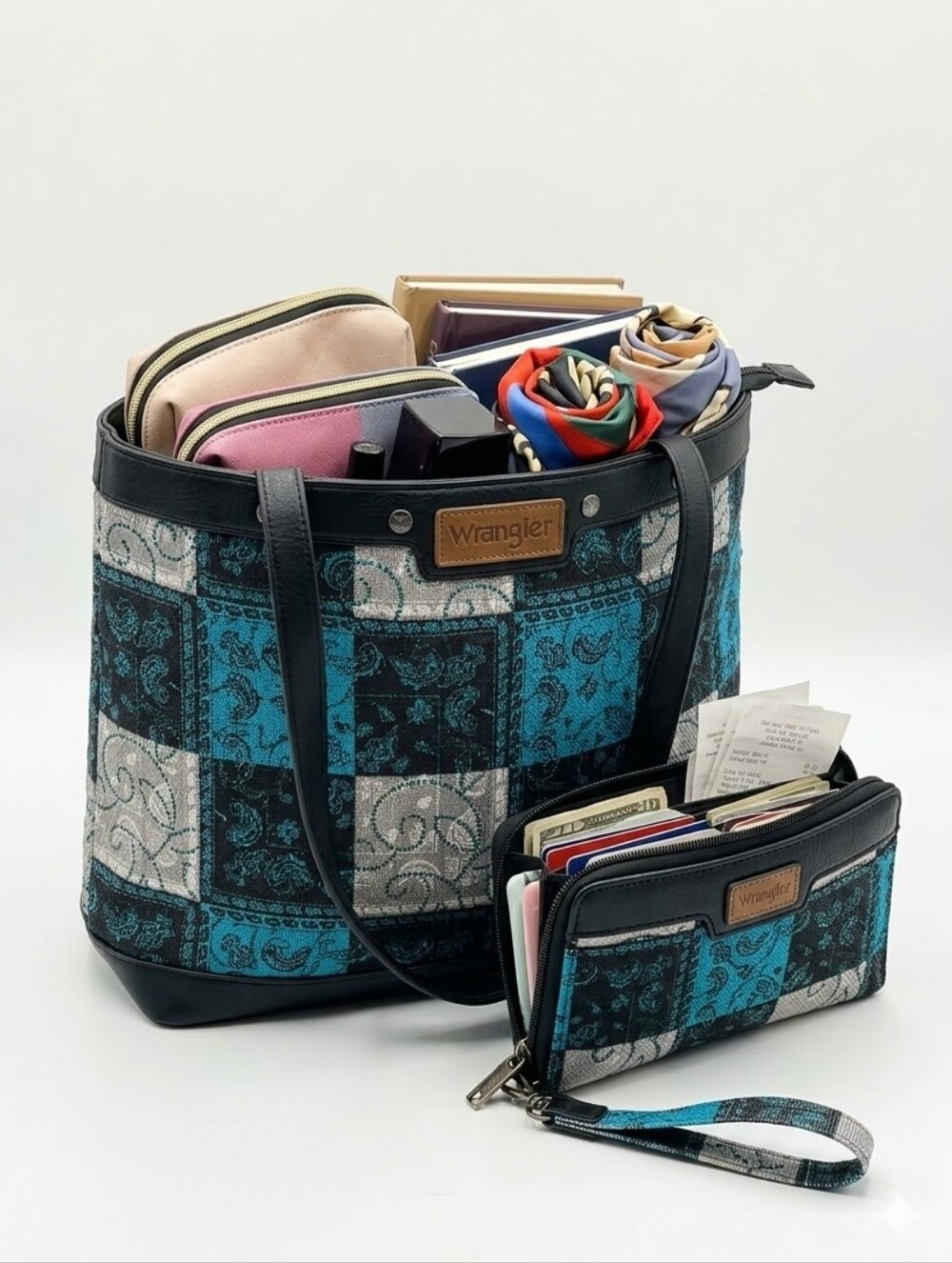 Wrangler Teal and Gray Patchwork Tote with Matching Wristlet NWT